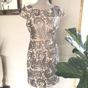 Adrianna Papell Cap Sleeve Sheath Silver Sequin Overlay Blush Chiffon Dress